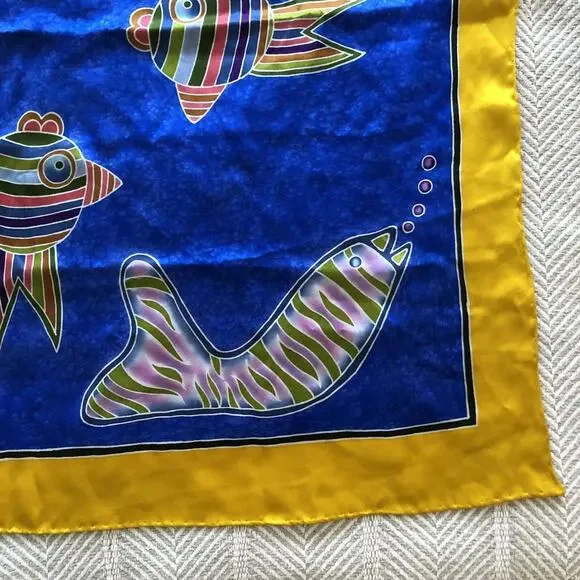 Rainbow Fish Silk Scarf Batik Rolled Edge Poncet Yellow Blue Red Green 31.5" NEW - Picture 3 of 11